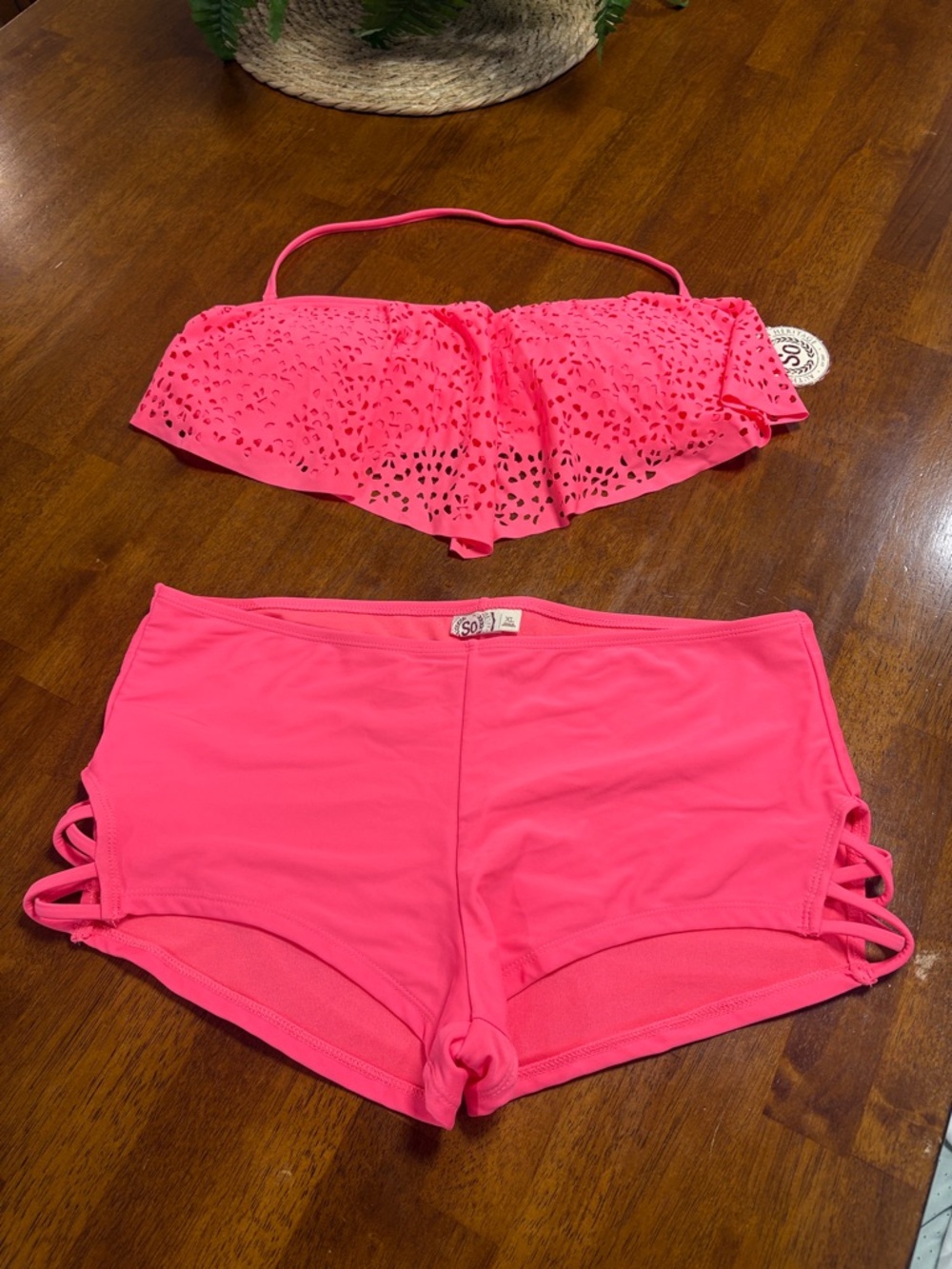 SO Coral-Pink Laser-Cut Ruffle Bikini Set